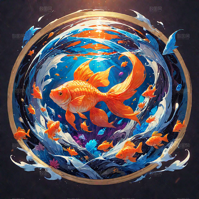 华丽插画繁复花纹中金色锦鲤图片