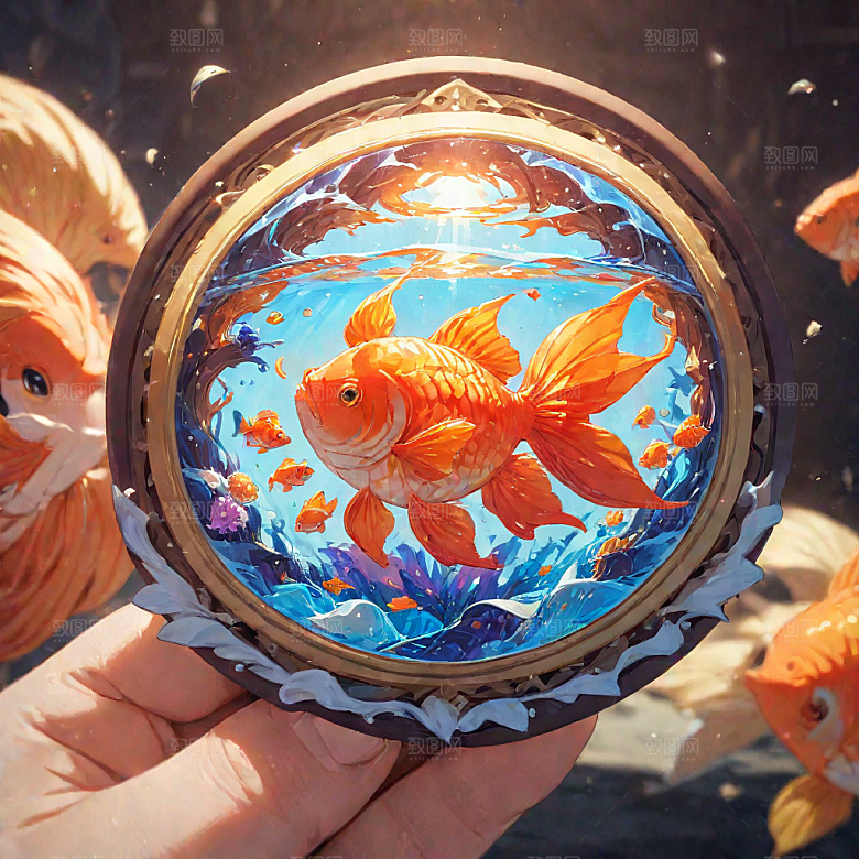 华丽插画繁复花纹中金色锦鲤图片