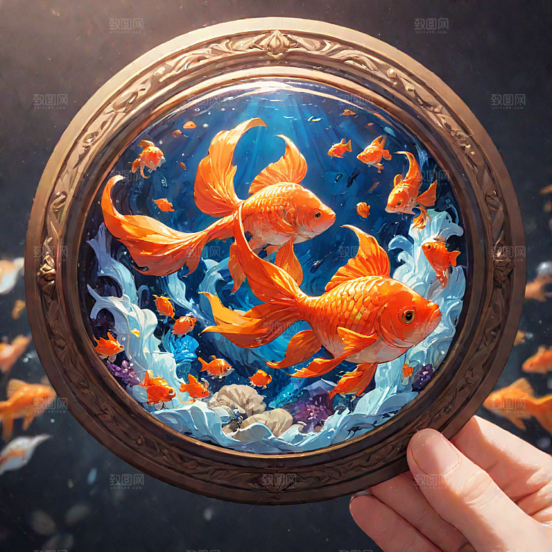 华丽插画繁复花纹中金色锦鲤图片