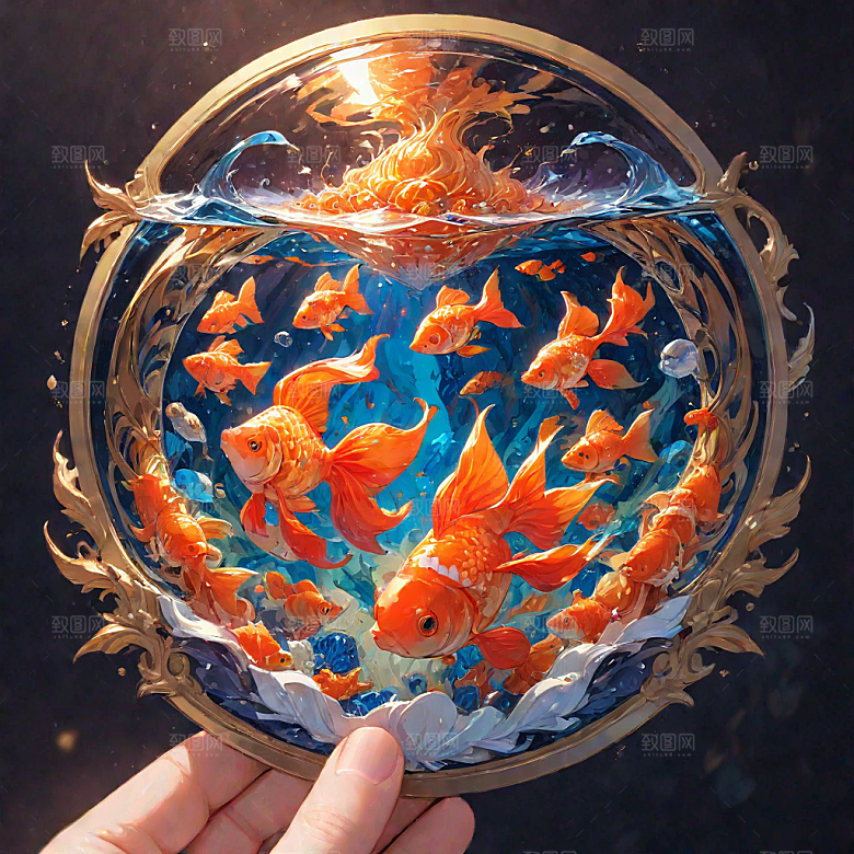 华丽插画繁复花纹中金色锦鲤图片