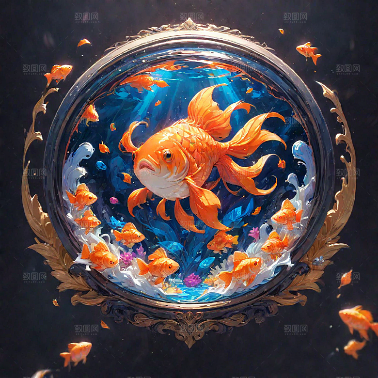 华丽插画繁复花纹中金色锦鲤图片