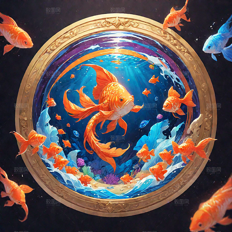 华丽插画繁复花纹中金色锦鲤图片