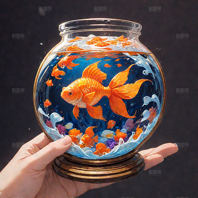 华丽插画繁复花纹中金色锦鲤图片