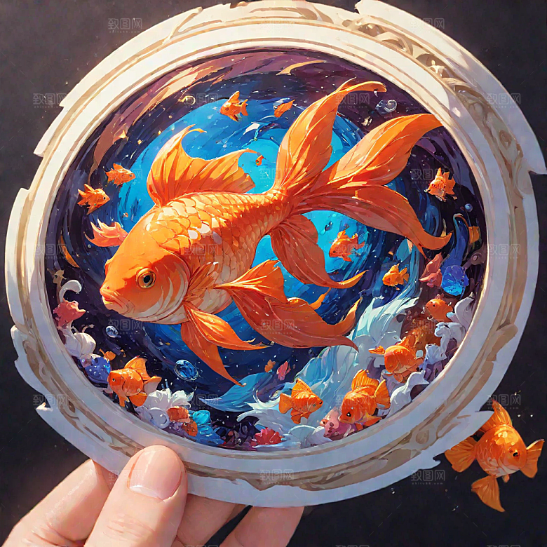 华丽插画繁复花纹中金色锦鲤图片