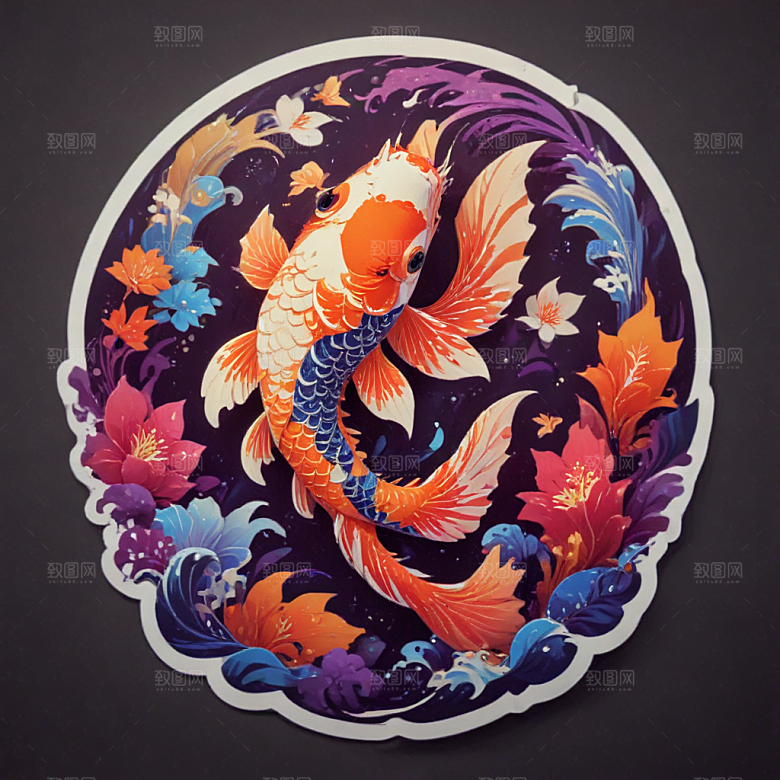绚丽色彩3D渲染锦鲤插画图片