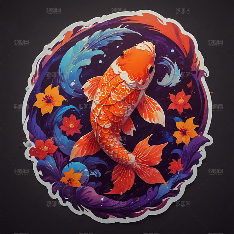 绚丽色彩3D渲染锦鲤插画图片