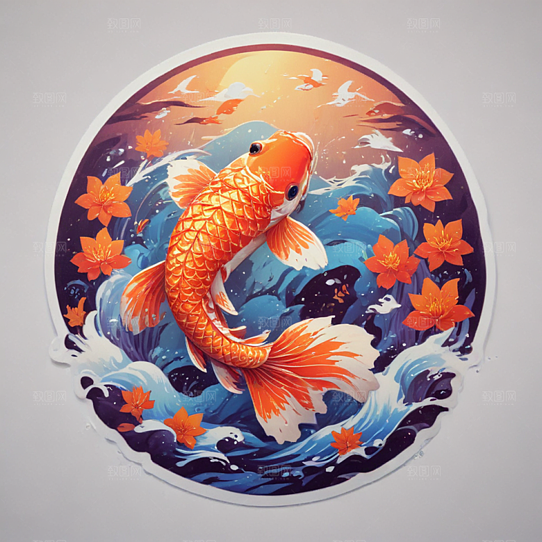 绚丽色彩3D渲染锦鲤插画图片