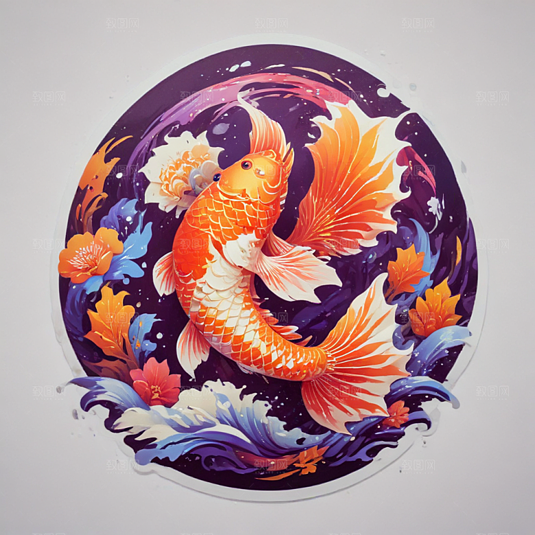 绚丽色彩3D渲染锦鲤插画图片