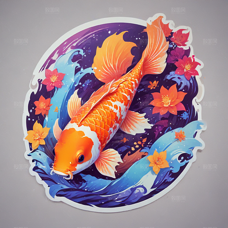 绚丽色彩3D渲染锦鲤插画图片