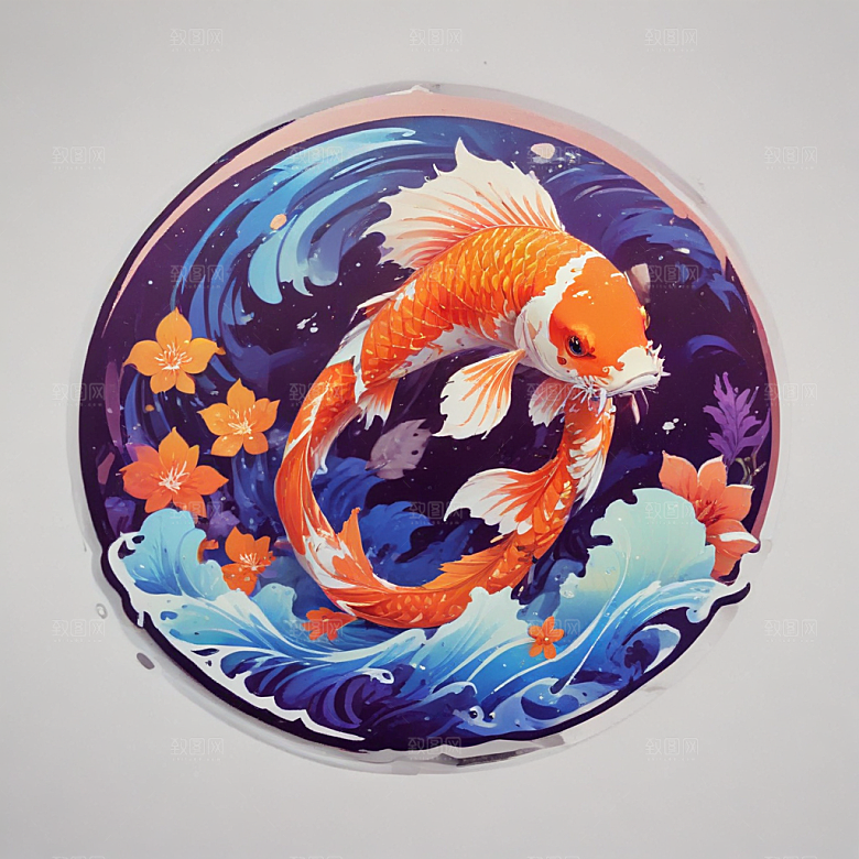 绚丽色彩3D渲染锦鲤插画图片