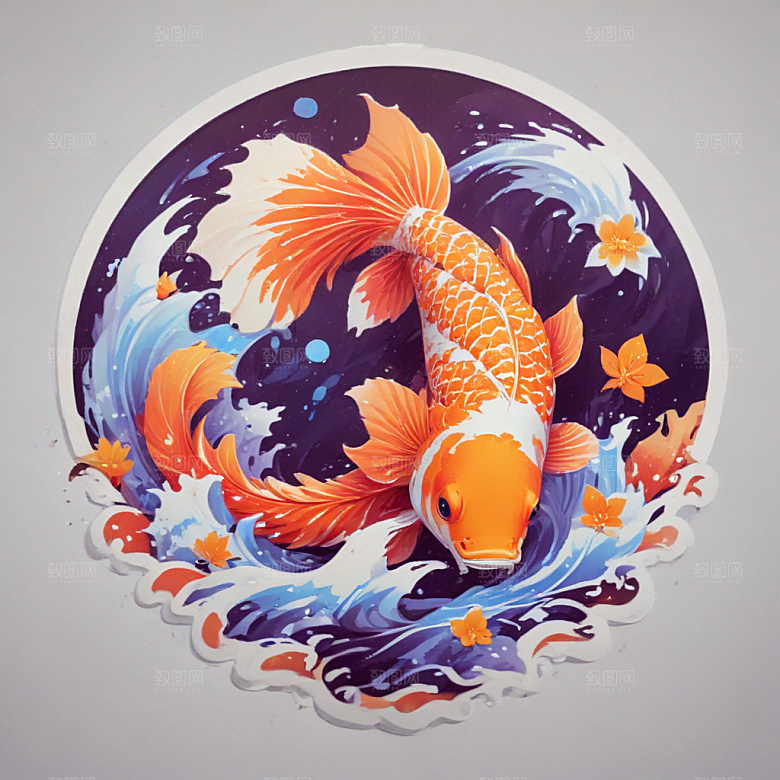 绚丽色彩3D渲染锦鲤插画图片
