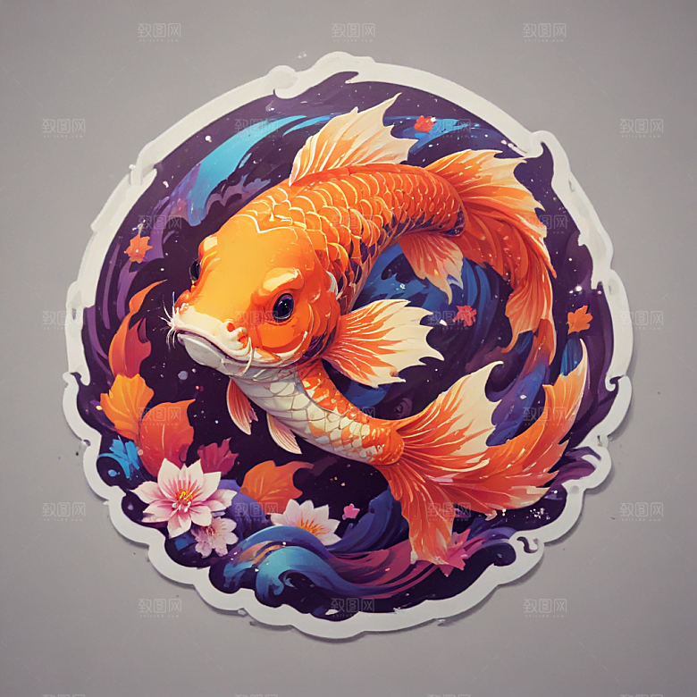 绚丽色彩3D渲染锦鲤插画图片