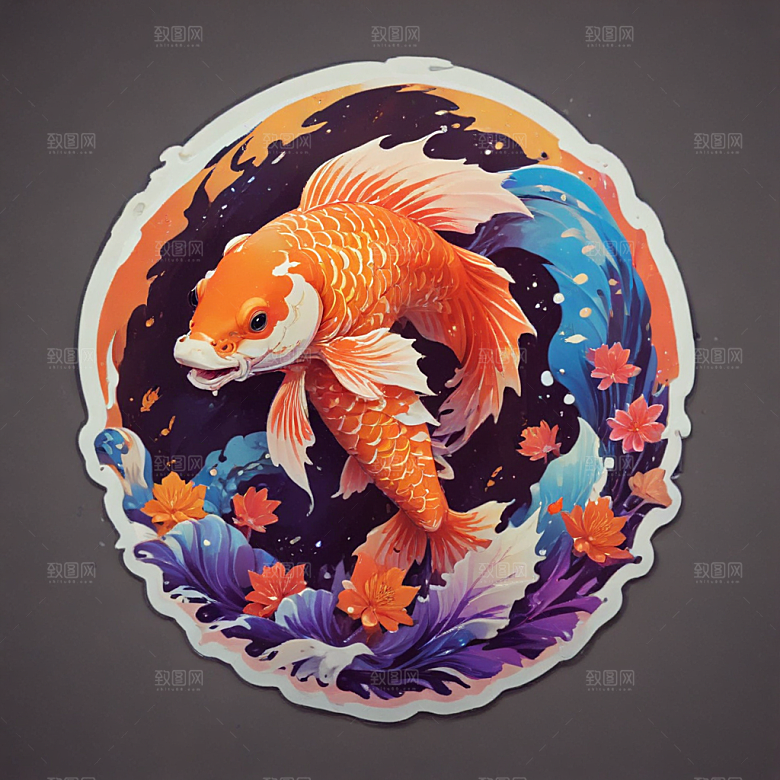 绚丽色彩3D渲染锦鲤插画图片
