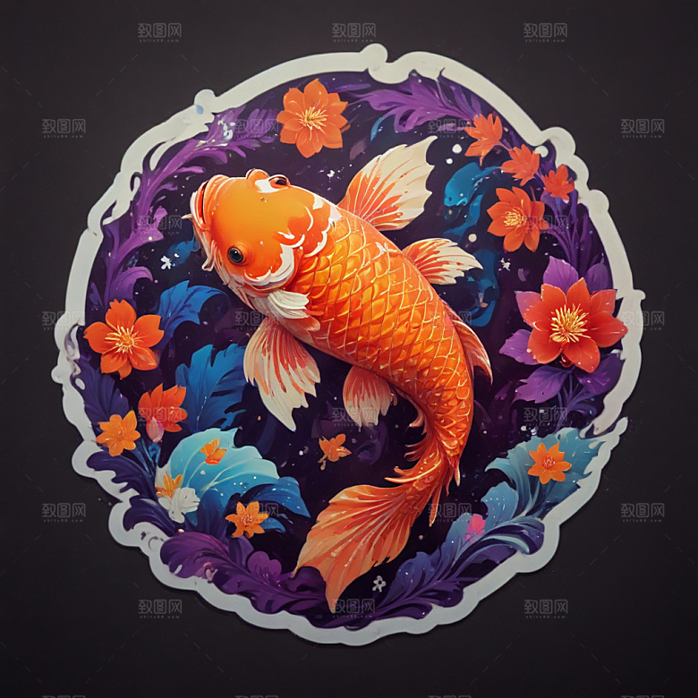 绚丽色彩3D渲染锦鲤插画图片