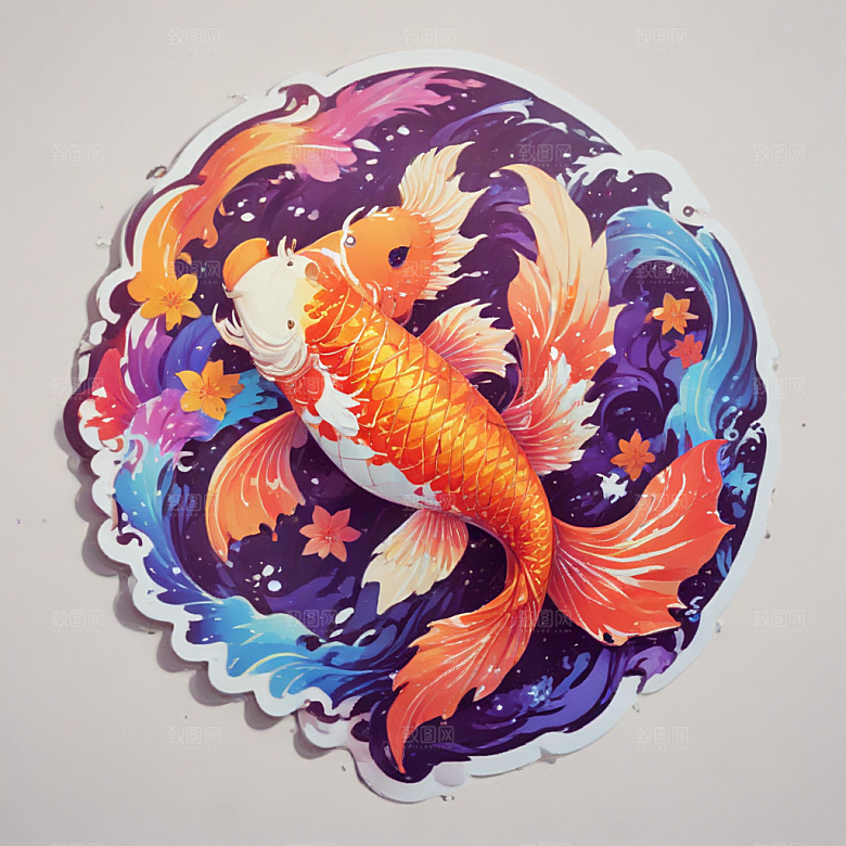 绚丽色彩3D渲染锦鲤插画图片