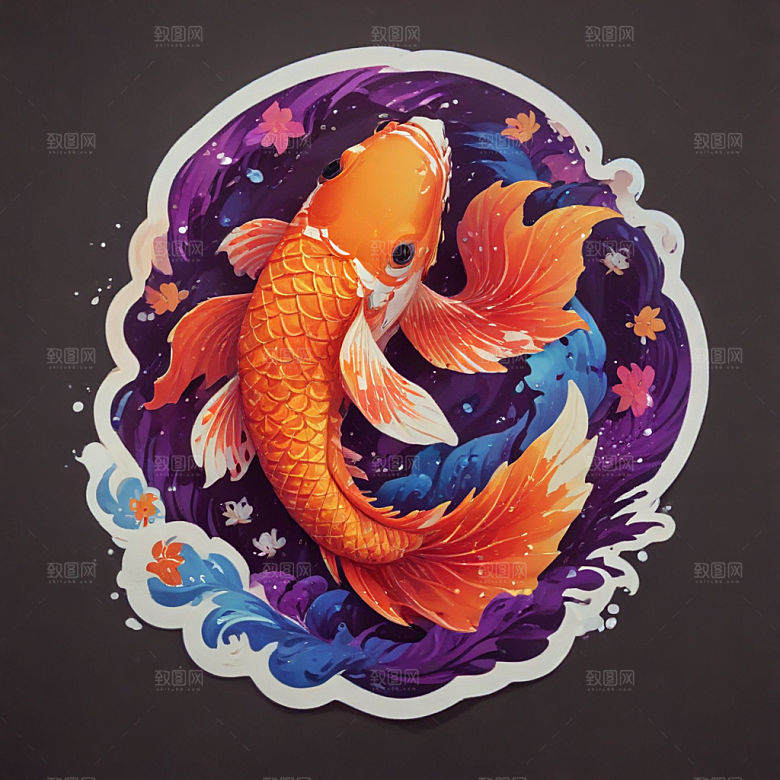 绚丽色彩3D渲染锦鲤插画图片