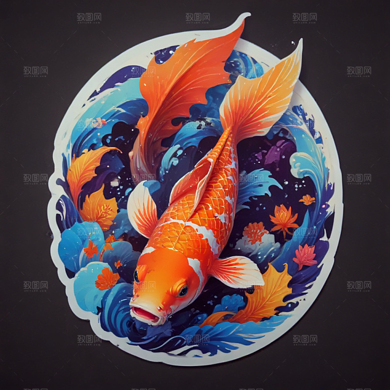 绚丽色彩3D渲染锦鲤插画图片