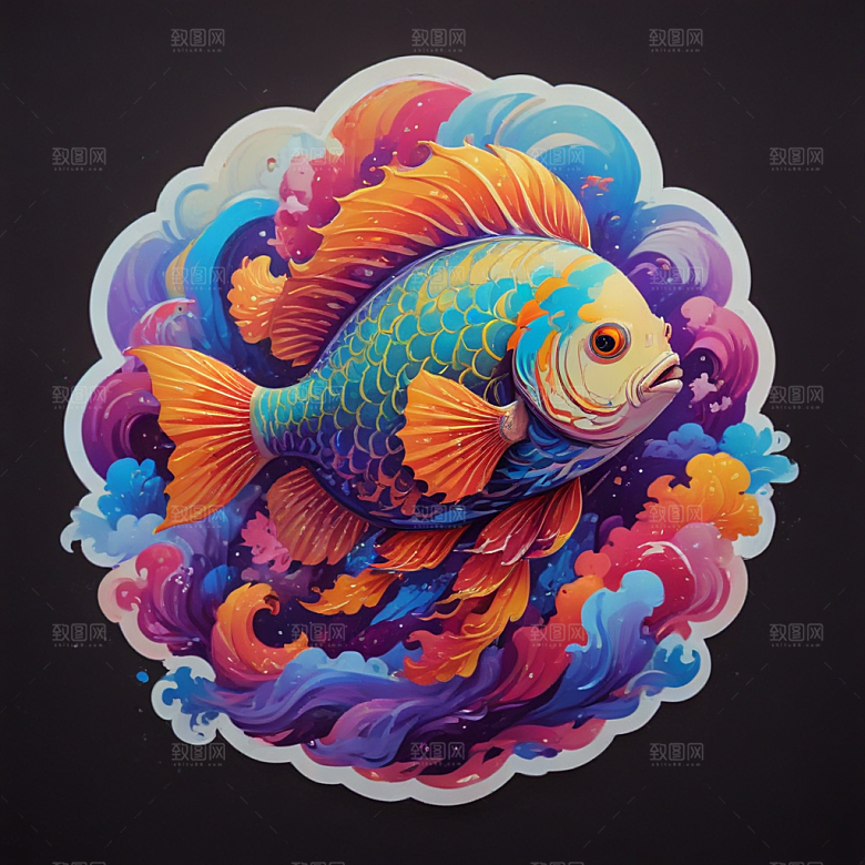 绚丽色彩传统风格七彩祥云鱼插画图片