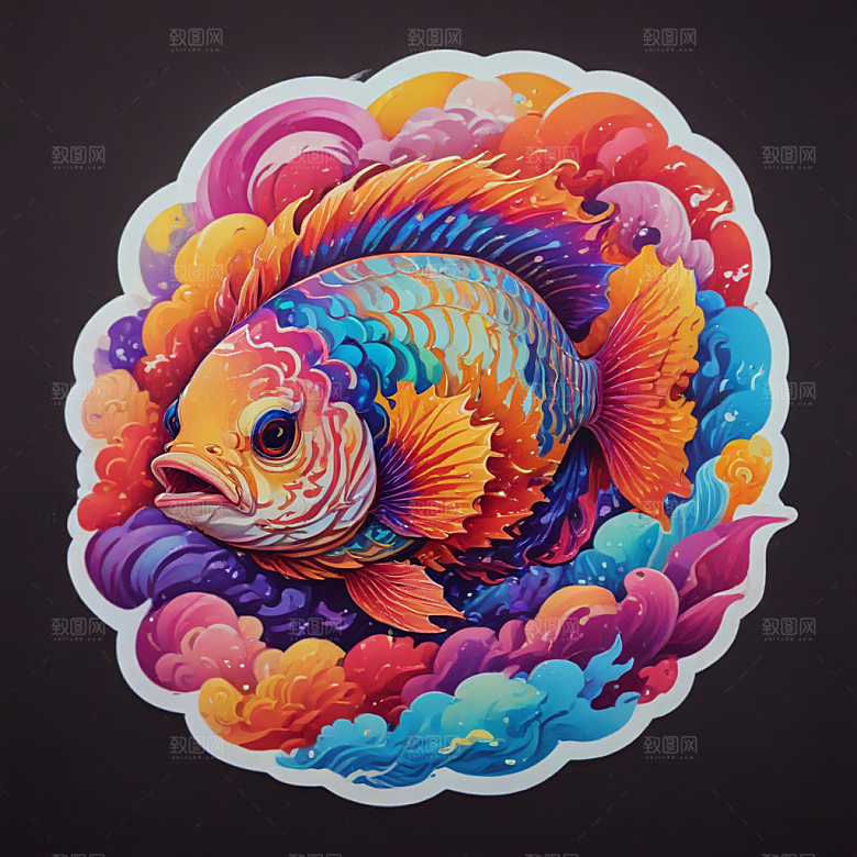 绚丽色彩传统风格七彩祥云鱼插画图片