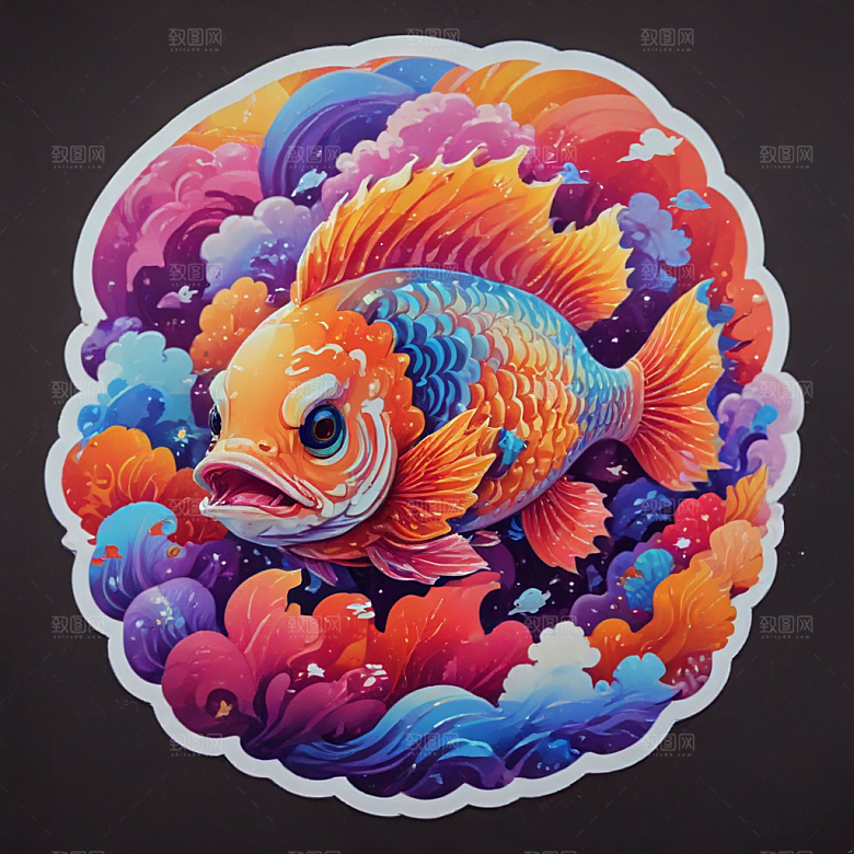 绚丽色彩传统风格七彩祥云鱼插画图片