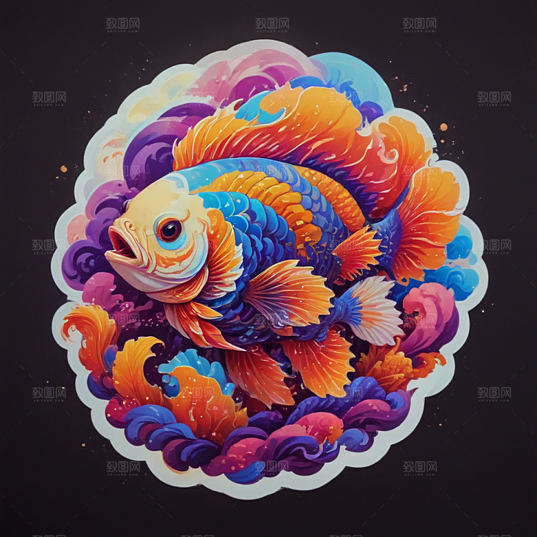 绚丽色彩传统风格七彩祥云鱼插画图片