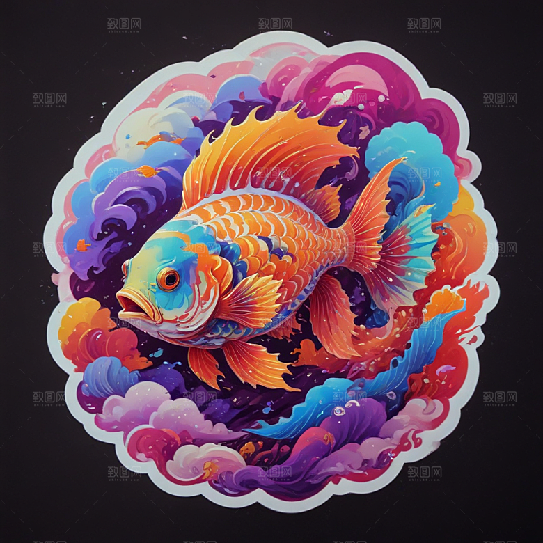 绚丽色彩传统风格七彩祥云鱼插画图片