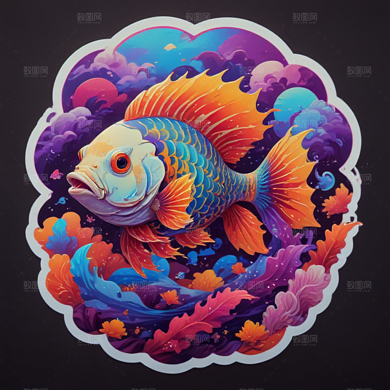 绚丽色彩传统风格七彩祥云鱼插画图片