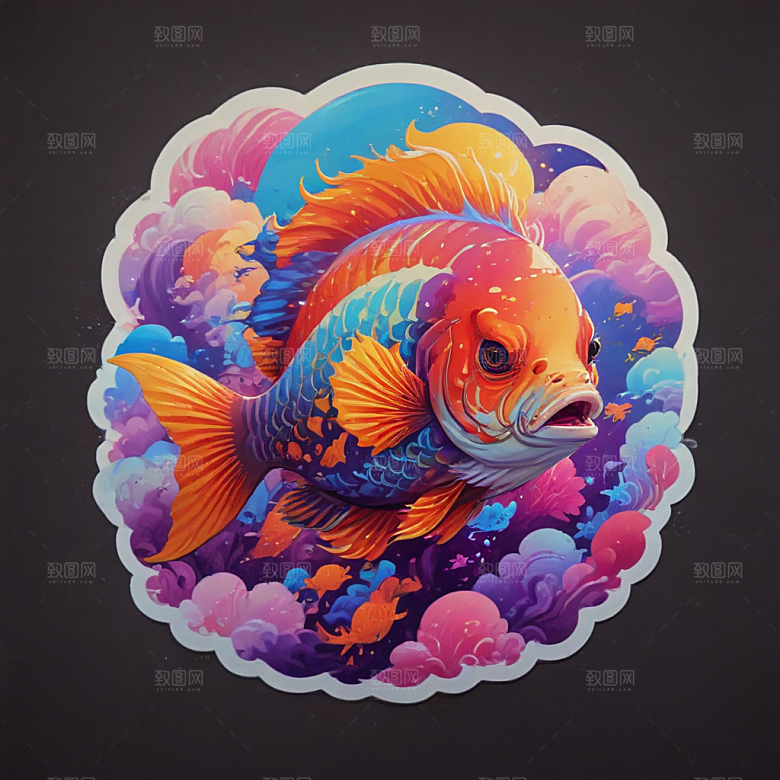 绚丽色彩传统风格七彩祥云鱼插画图片
