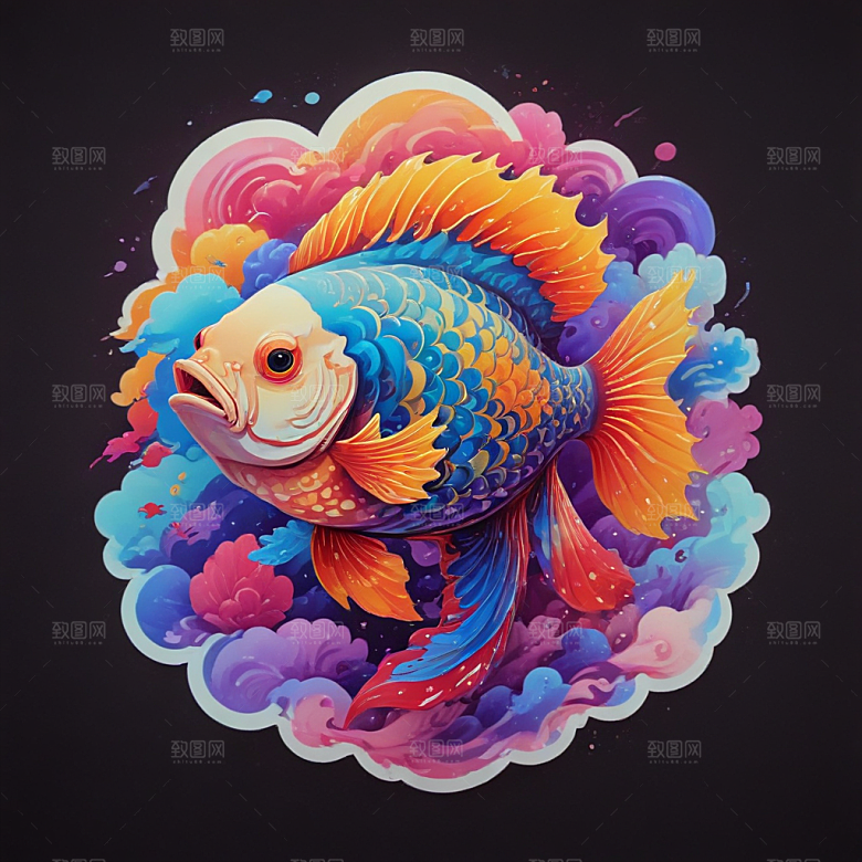 绚丽色彩传统风格七彩祥云鱼插画图片