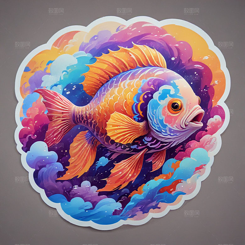 绚丽色彩传统风格七彩祥云鱼插画图片