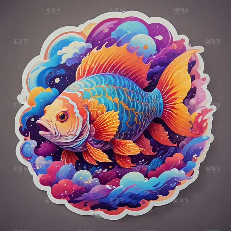 绚丽色彩传统风格七彩祥云鱼插画图片