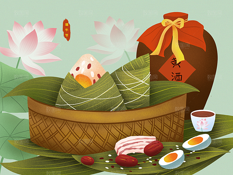 卡通手绘创意端午节插画