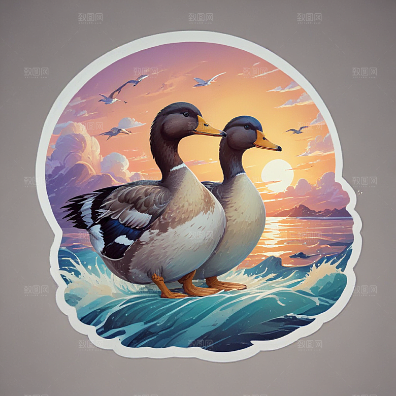 夕阳下的沙滩上戏水的鸭子图片
