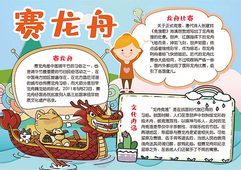 卡通手绘绿色端午节节日手抄报