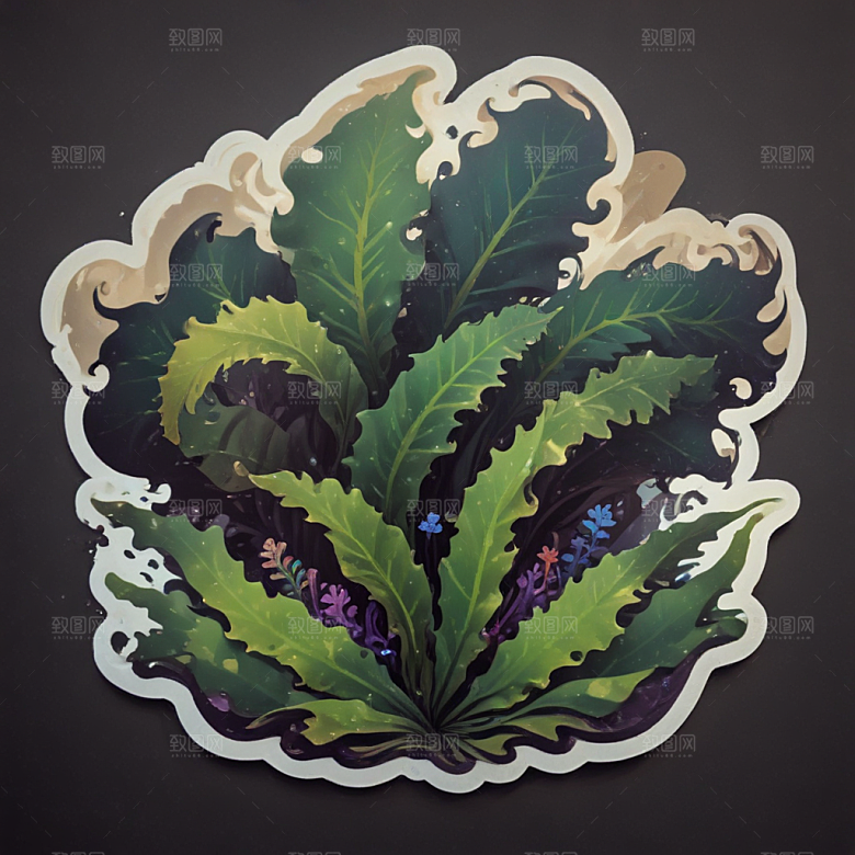 复古插画绿色紫色海藻图片