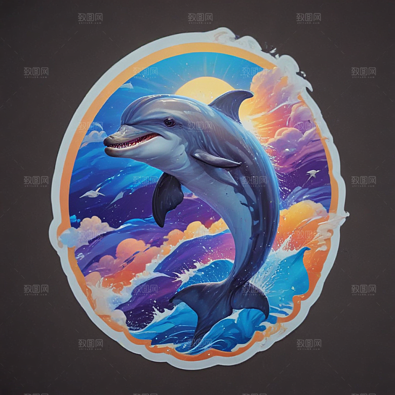 海豚卡通插画风格贴纸