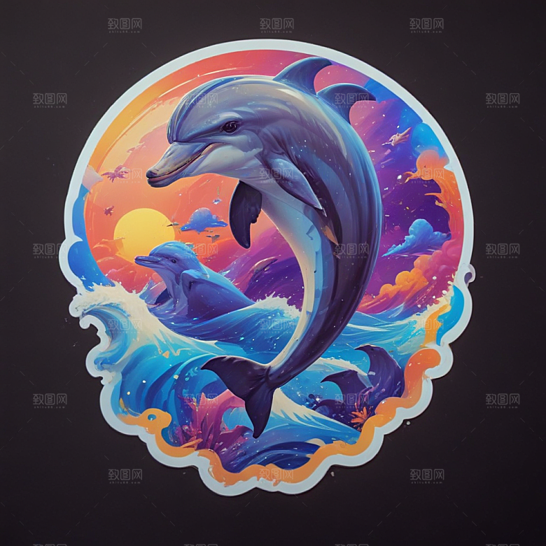 海豚卡通插画风格贴纸