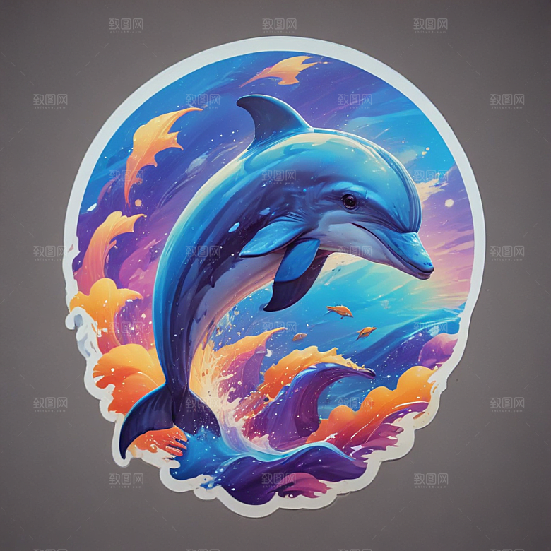 海豚卡通插画风格贴纸