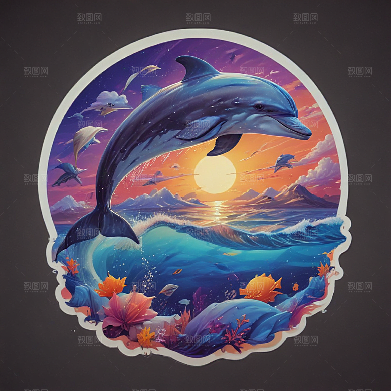 海豚卡通插画风格贴纸