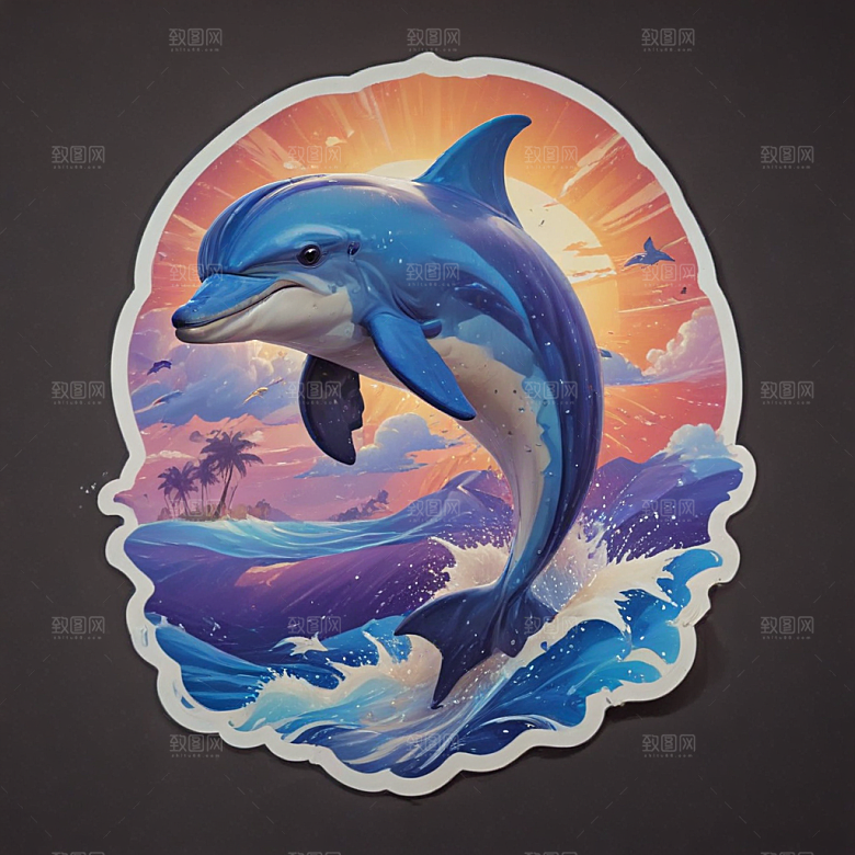 海豚卡通插画风格贴纸