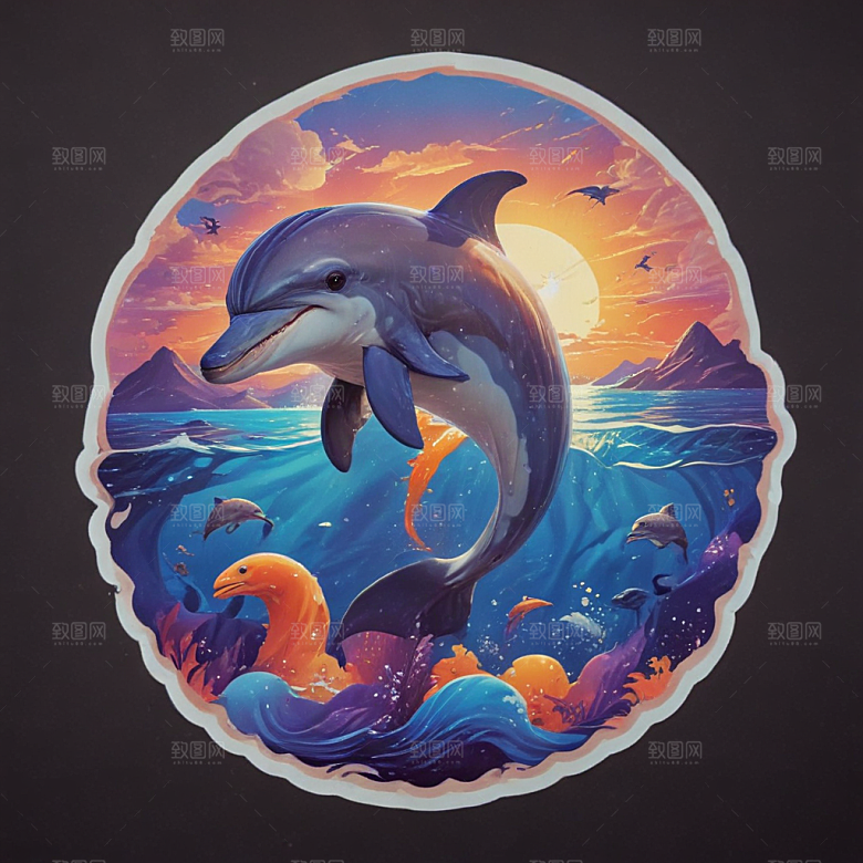 海豚卡通插画风格贴纸