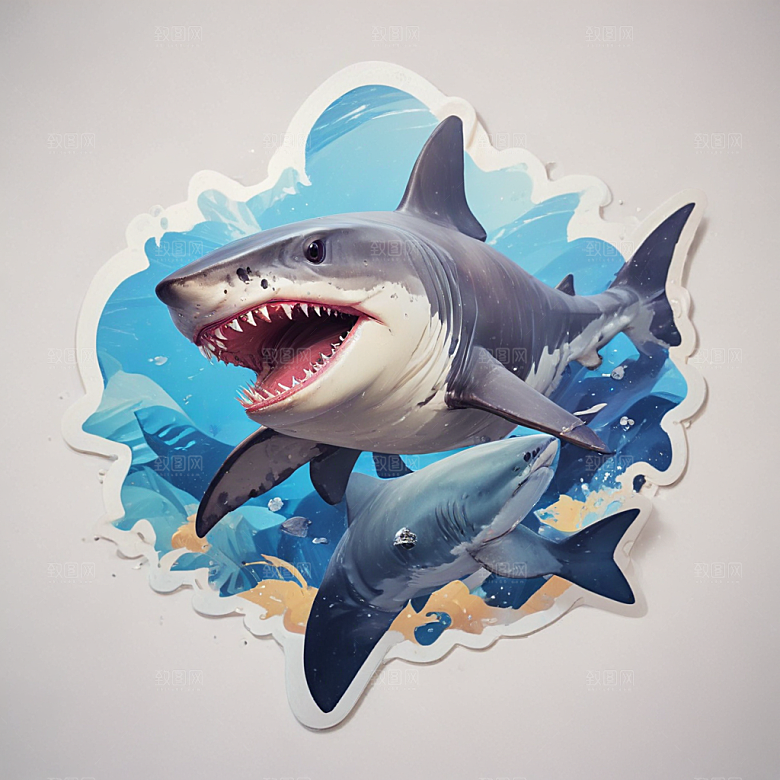海鲨卡通插画风格贴纸