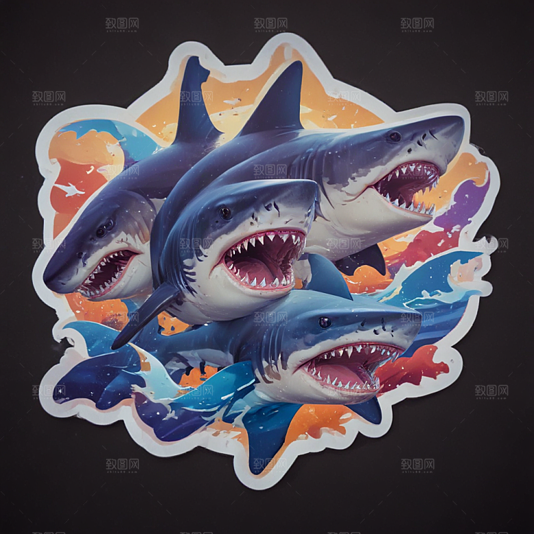 海鲨卡通插画风格贴纸