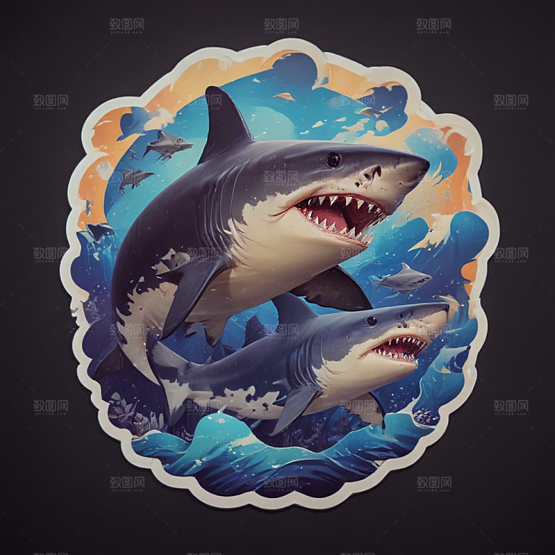海鲨卡通插画风格贴纸