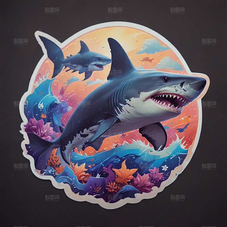 海鲨卡通插画风格贴纸