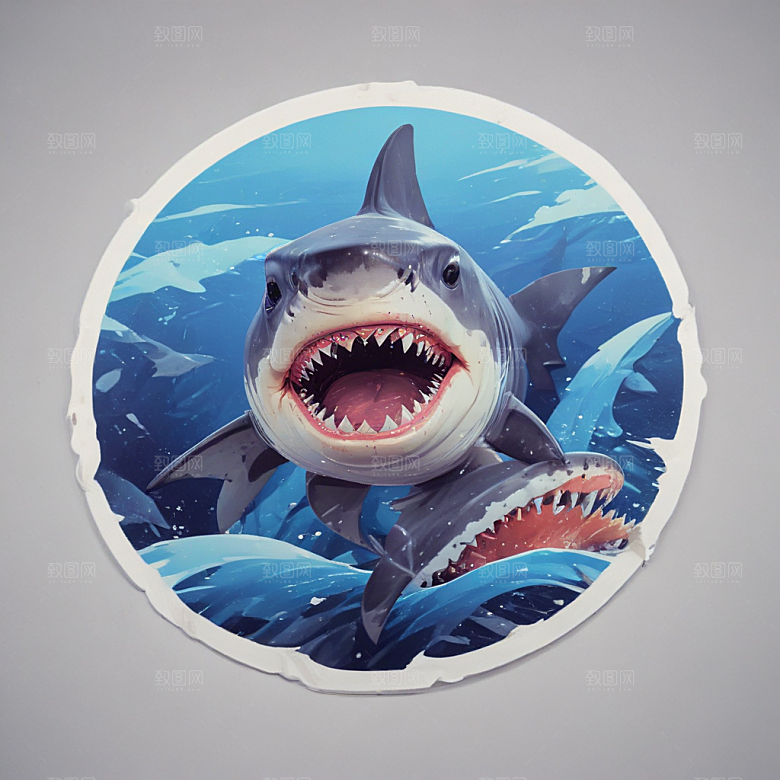 海鲨卡通插画风格贴纸