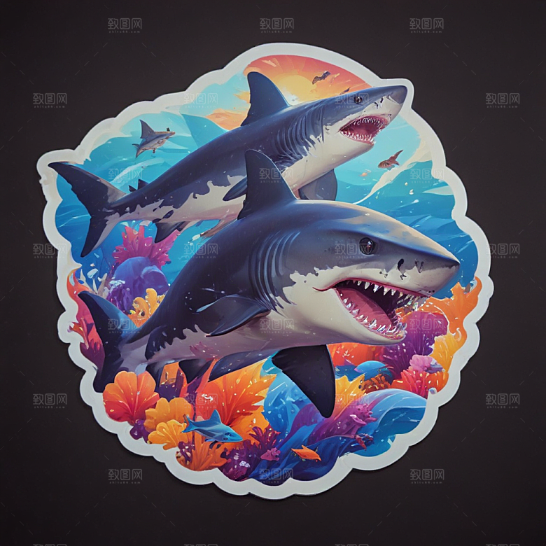 海鲨卡通插画风格贴纸