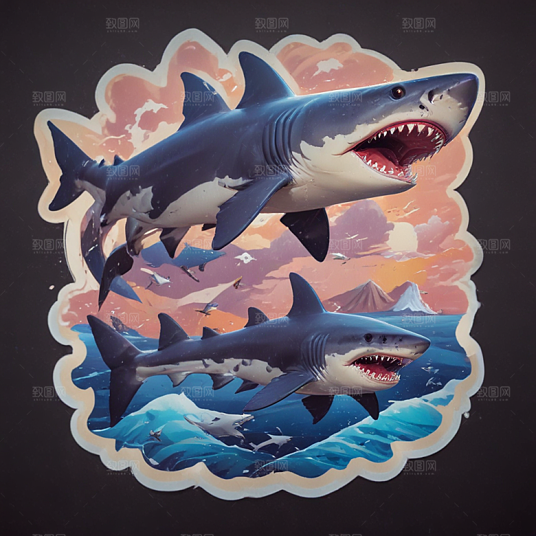 海鲨卡通插画风格贴纸
