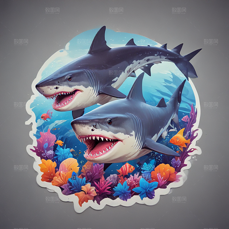 海鲨卡通插画风格贴纸