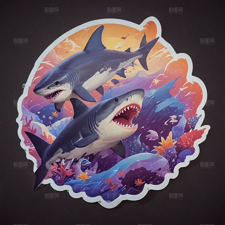 海鲨卡通插画风格贴纸
